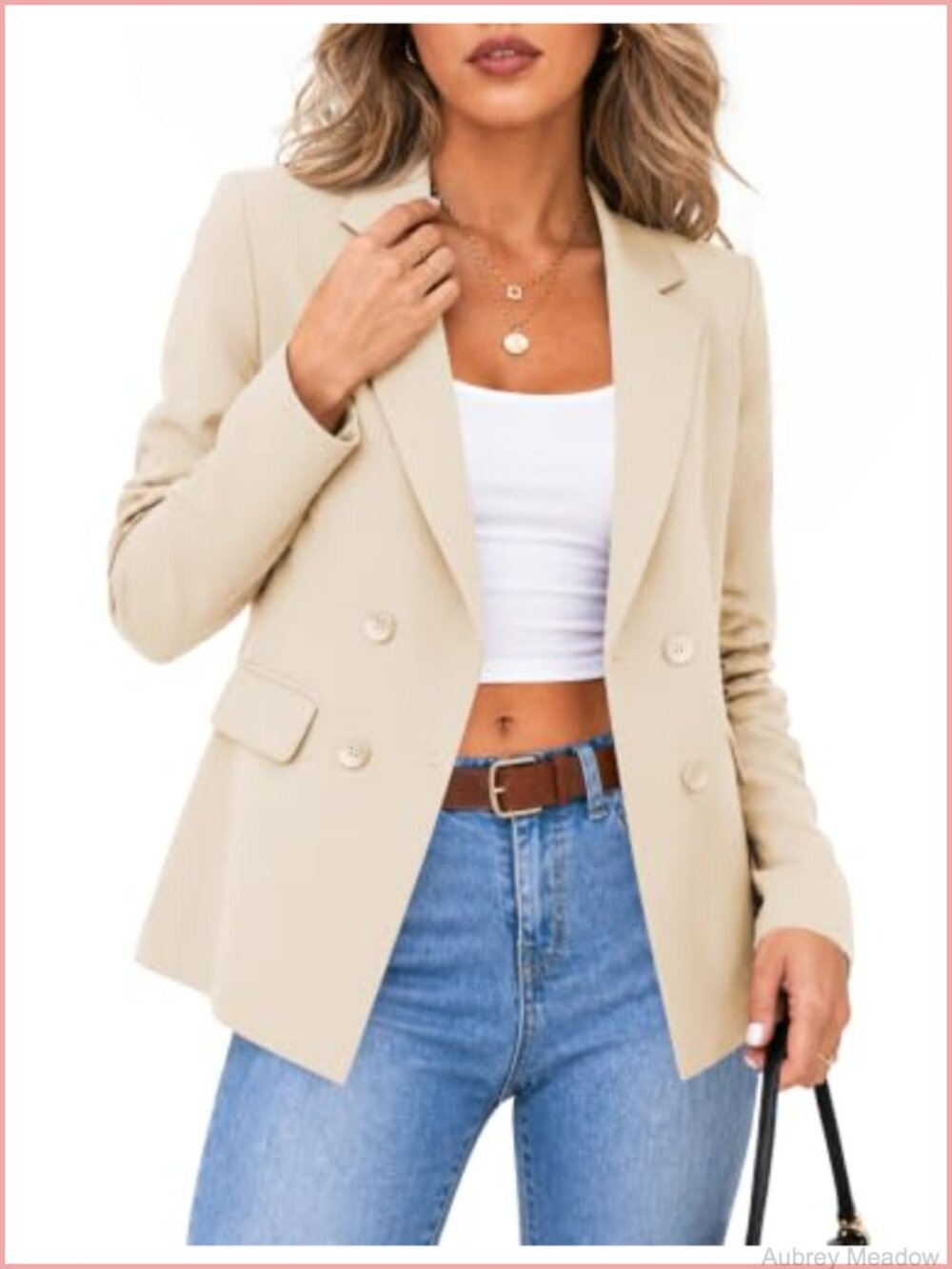 Women's Double-Breasted Blazer Notch Lapel Long Sleeve Polyester Suit Jacket